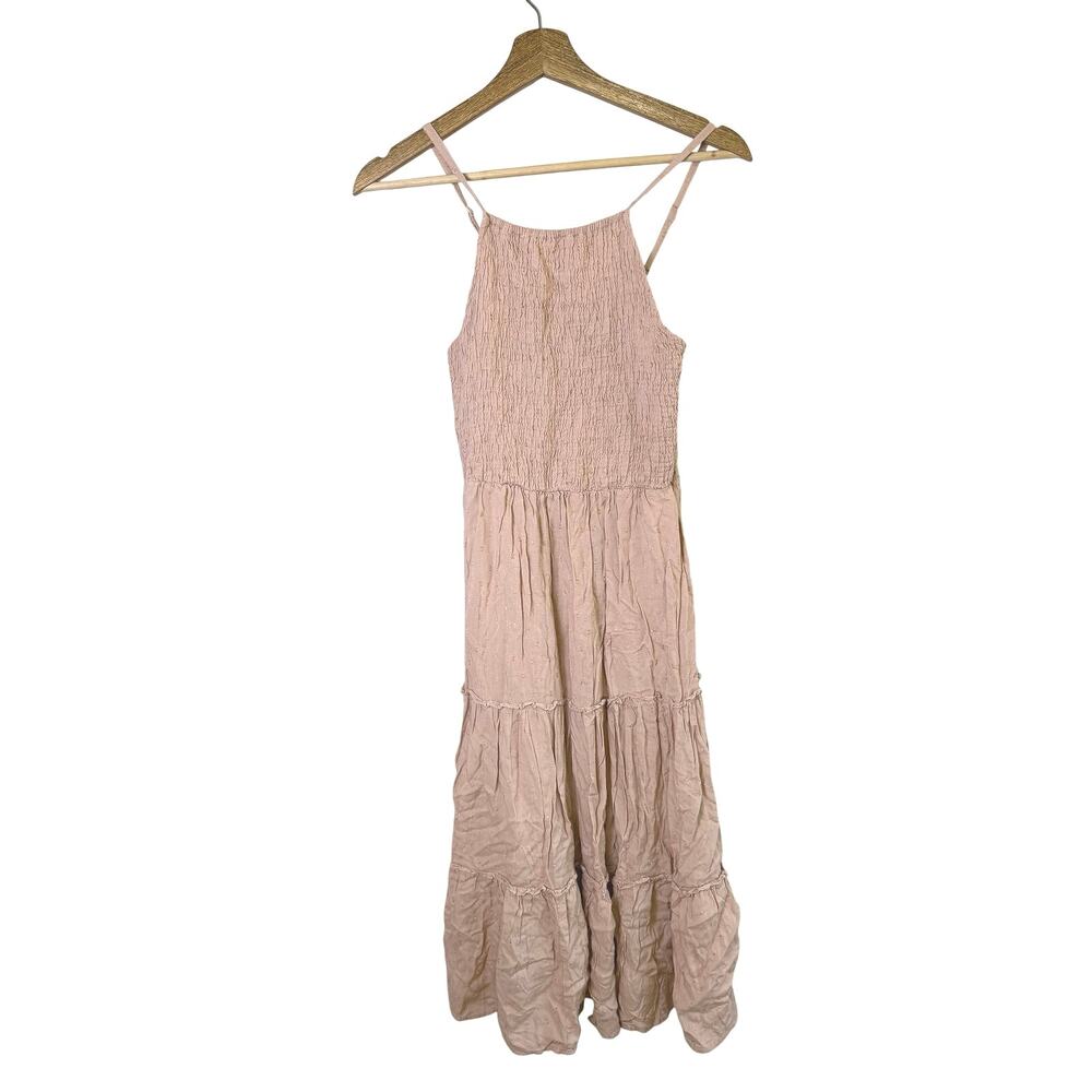 Sim and Sam Pink Smocked Midi Dress Tiered Cottagecore Boho S